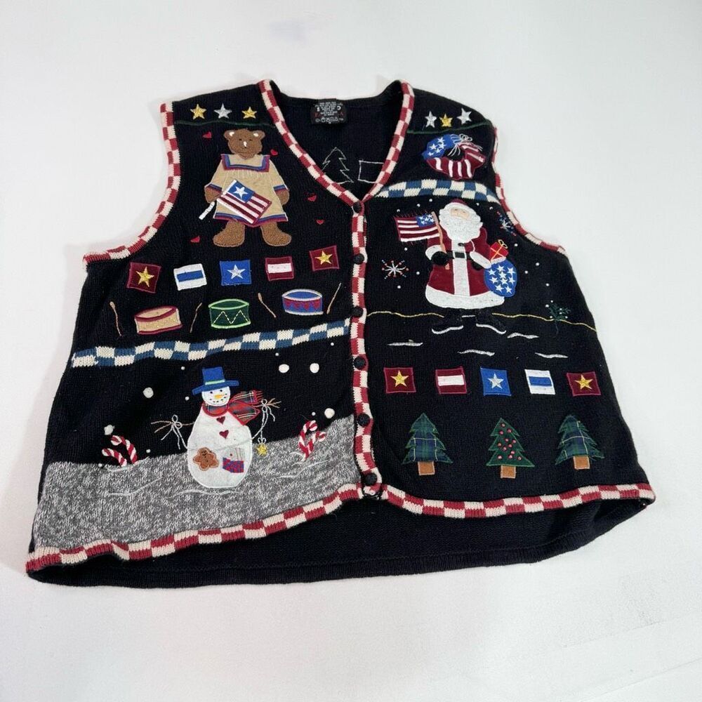 VTG Patriotic Christmas Knit‎ Vest Designers Originals Women 3X Embroidered USA